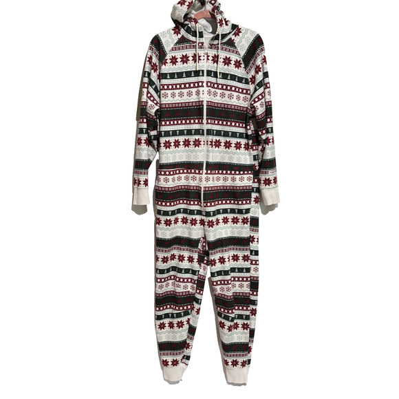 Fabletics Cozy Lounge Hooded One Piece Women Sz L Fair Isle Holiday Pj’s Winter - Picture 1 of 13
